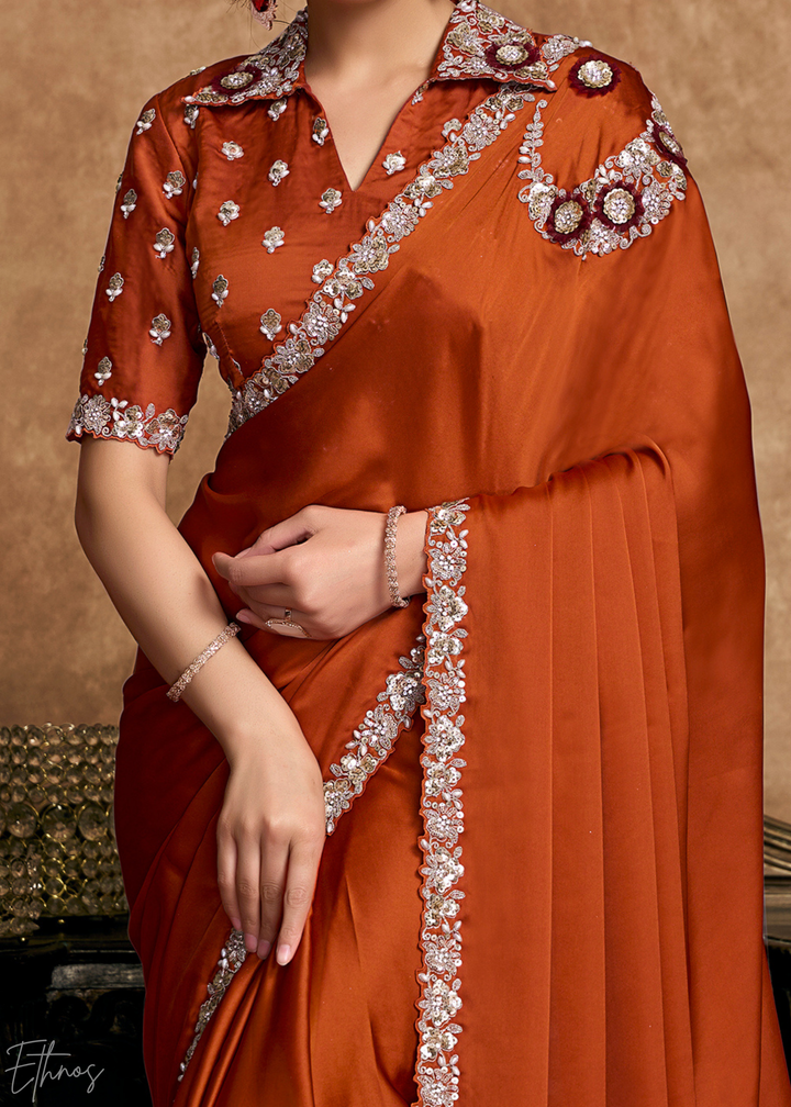 Terracotta Rust Sequin Embroidered Organza Satin Saree