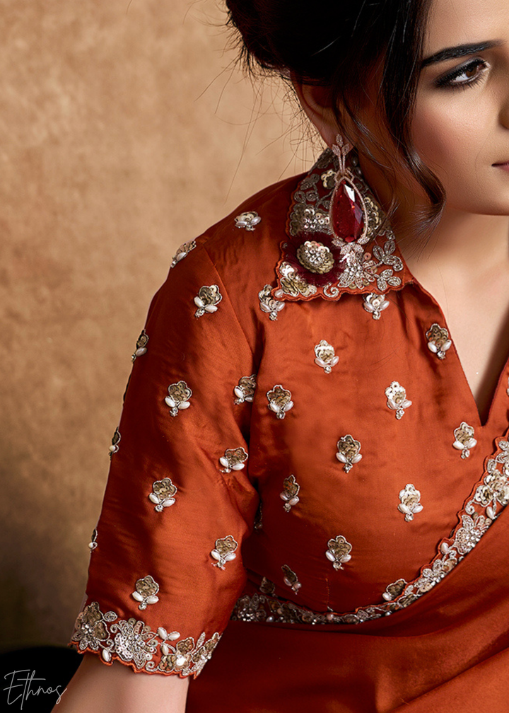 Terracotta Rust Sequin Embroidered Organza Satin Saree
