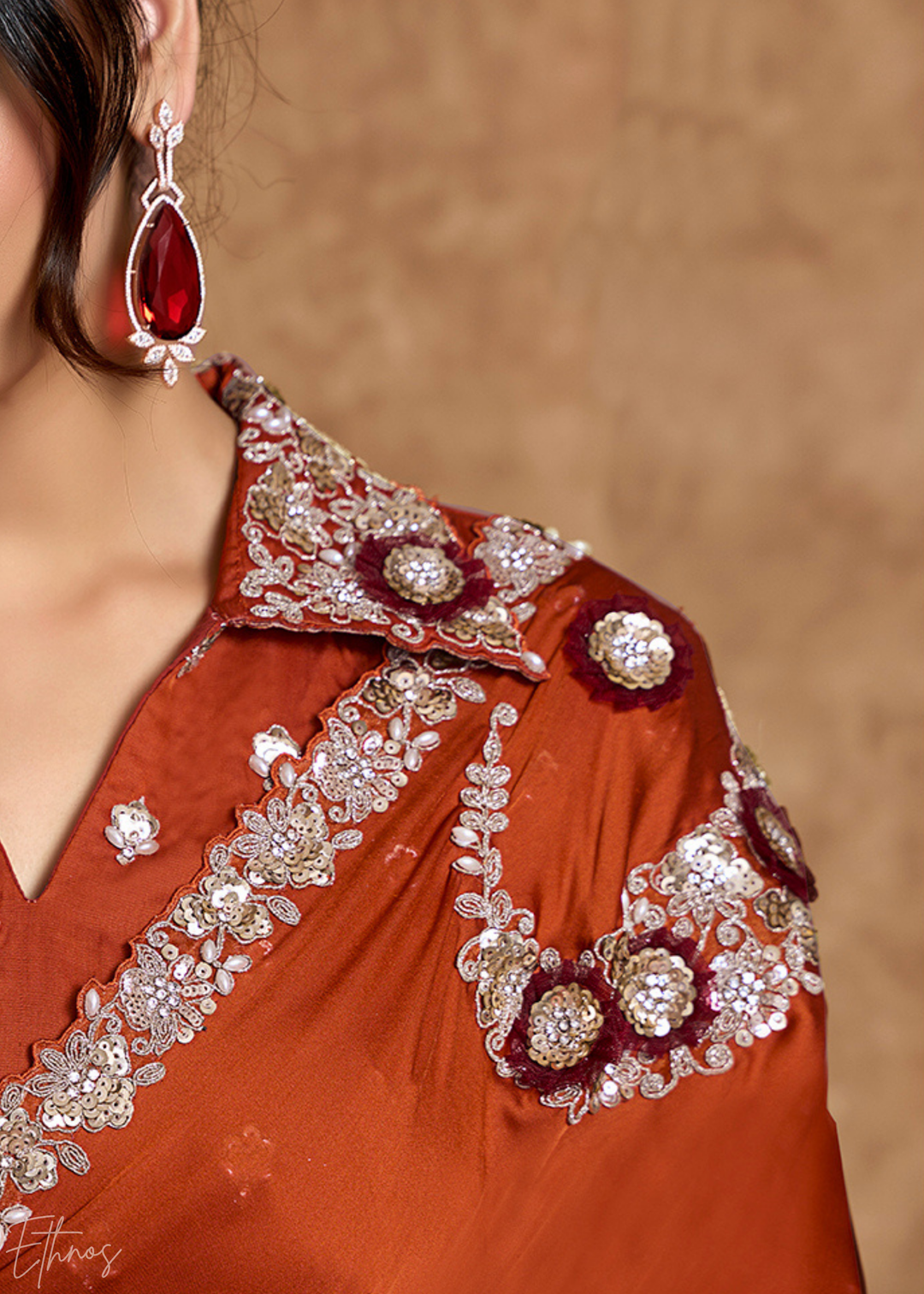 Terracotta Rust Sequin Embroidered Organza Satin Saree