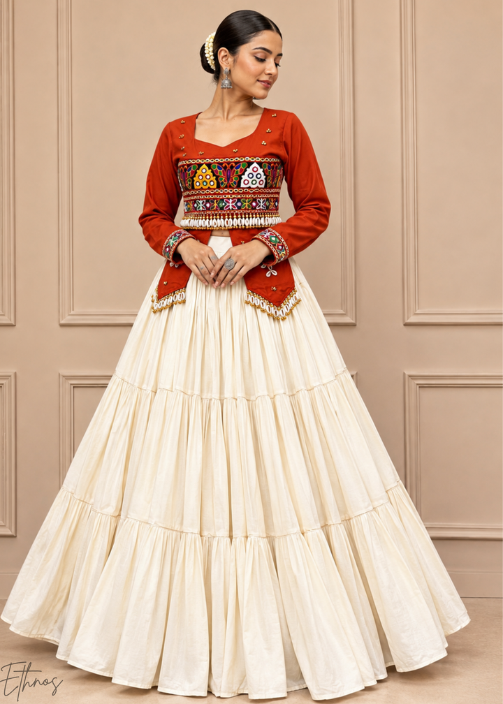 Terracotta Rust & Ivory Tiered Mirror Cotton Lehenga