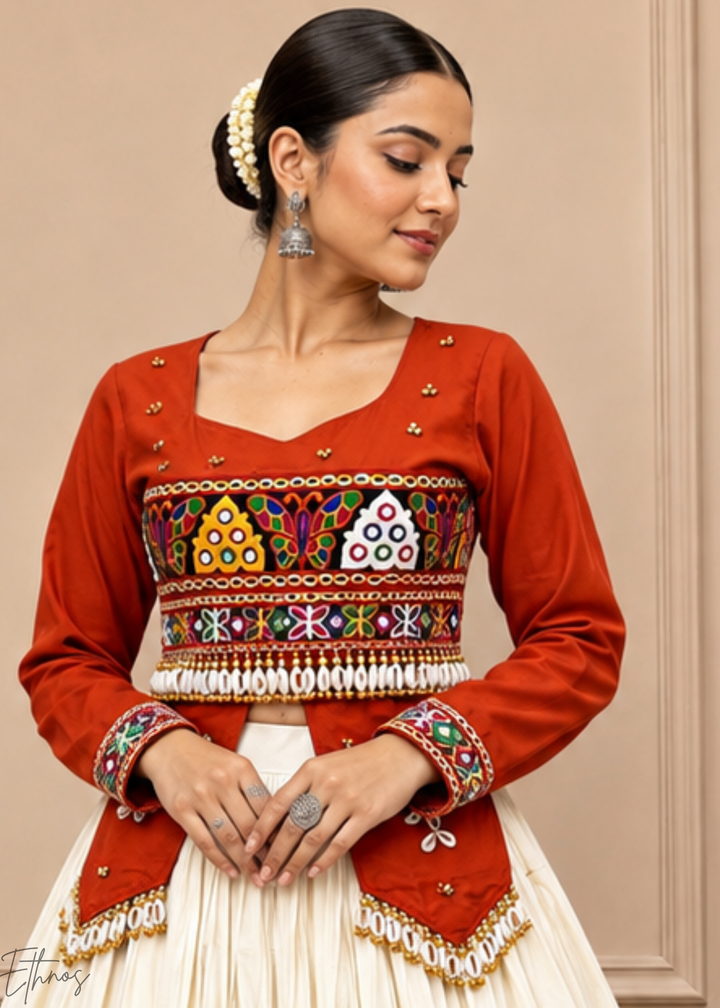 Terracotta Rust & Ivory Tiered Mirror Cotton Lehenga