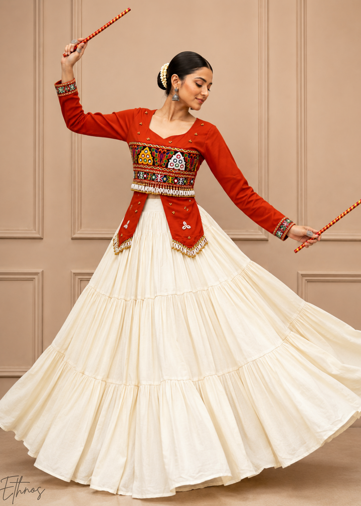 Terracotta Rust & Ivory Tiered Mirror Cotton Lehenga