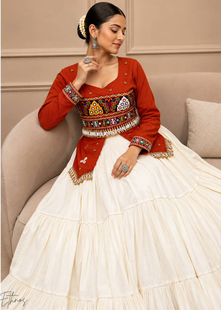 Terracotta Rust & Ivory Tiered Mirror Cotton Lehenga