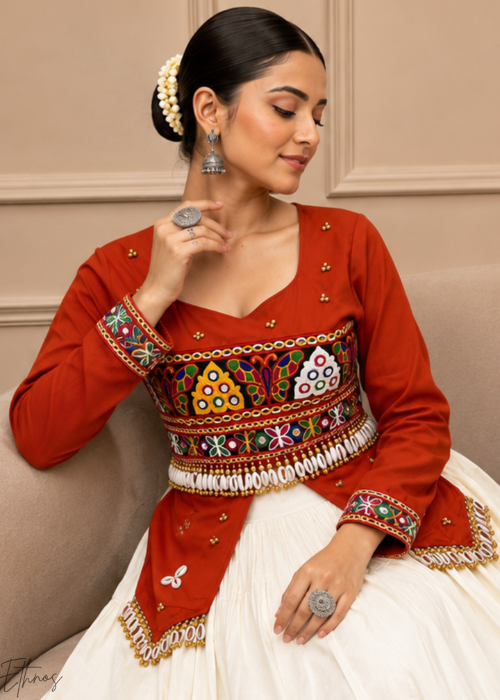 Terracotta Rust & Ivory Tiered Mirror Cotton Lehenga