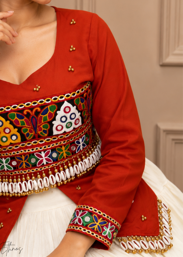 Terracotta Rust & Ivory Tiered Mirror Cotton Lehenga