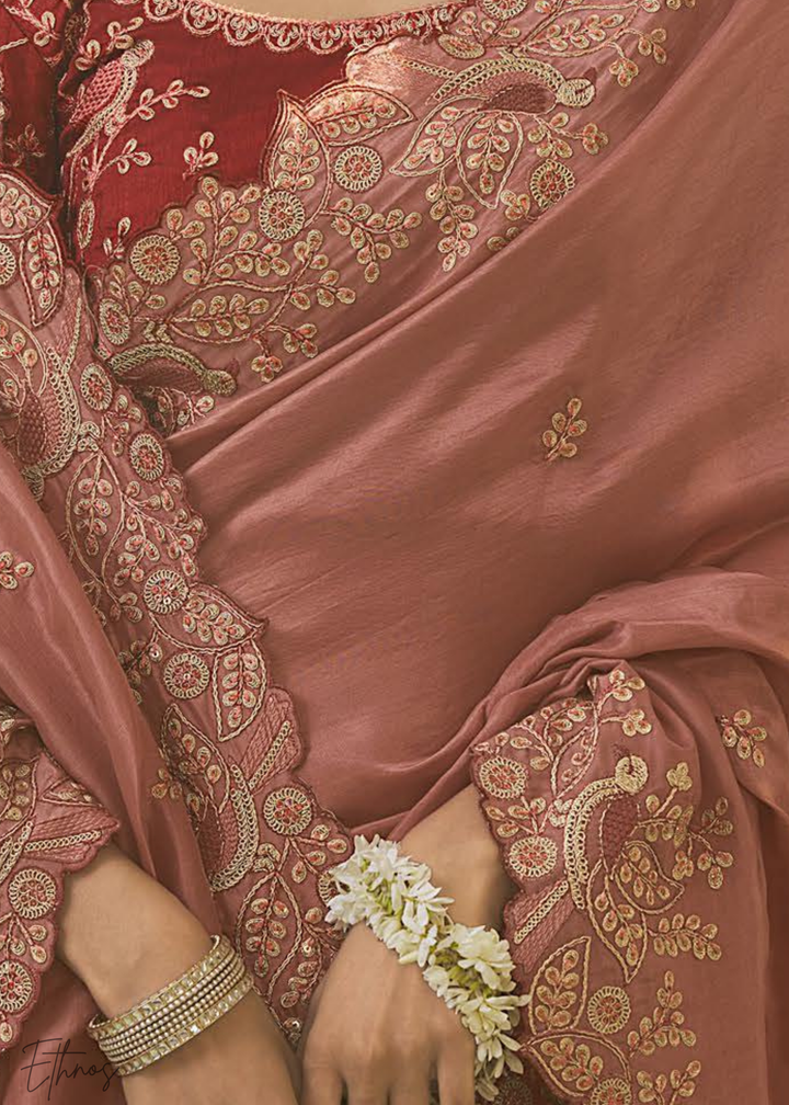 Terracotta Coral Woven Scallop Border Upada Silk Saree