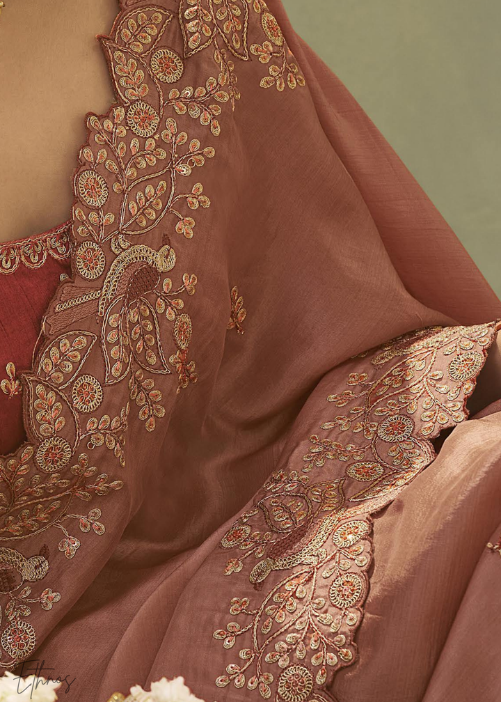 Terracotta Coral Woven Scallop Border Upada Silk Saree
