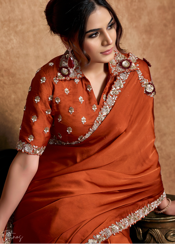 Terracotta Rust Sequin Embroidered Organza Satin Saree