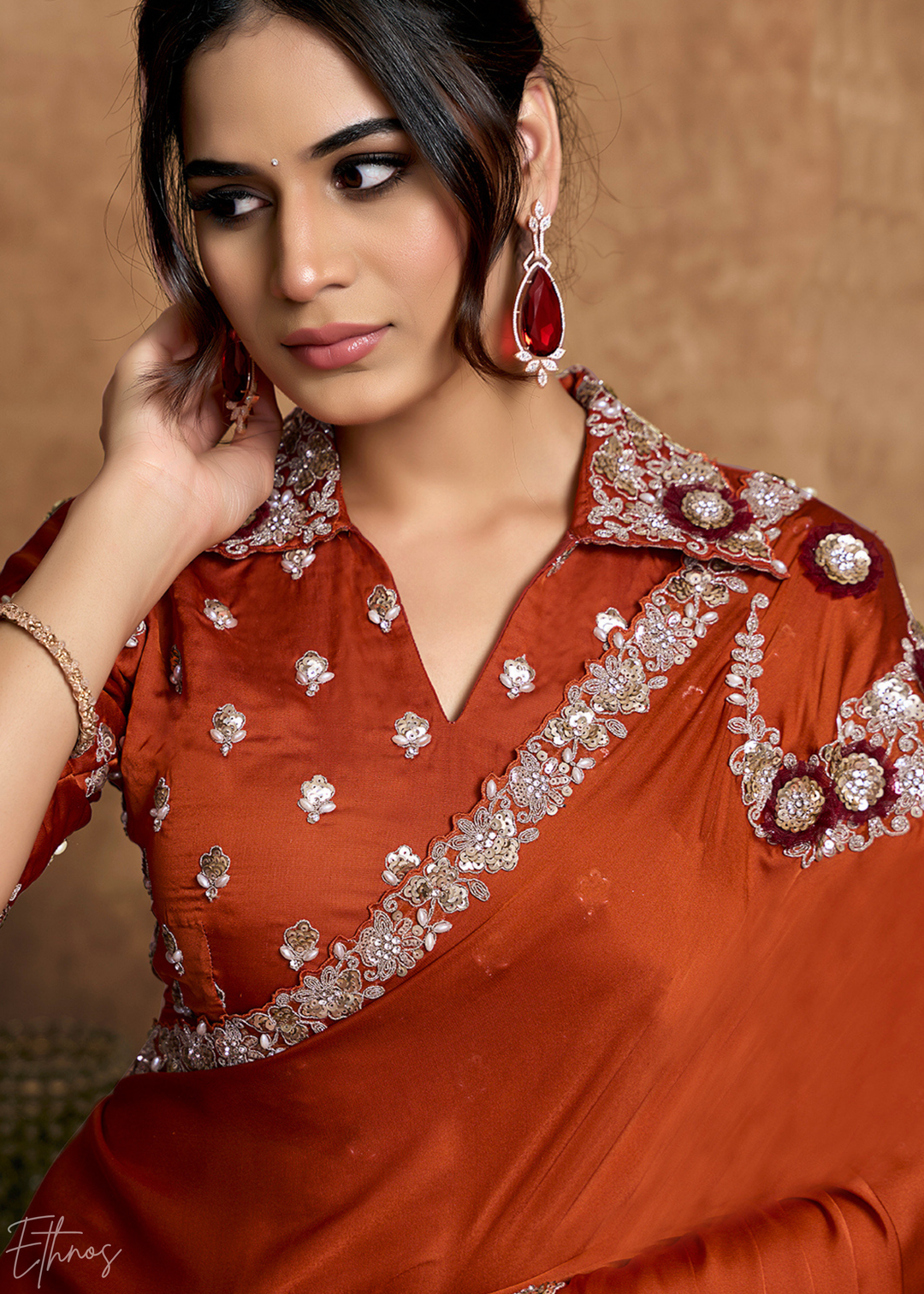 Terracotta Rust Sequin Embroidered Organza Satin Saree