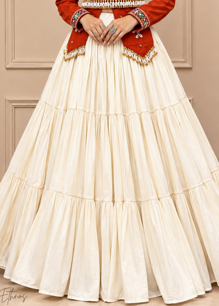 Terracotta Rust & Ivory Tiered Mirror Cotton Lehenga