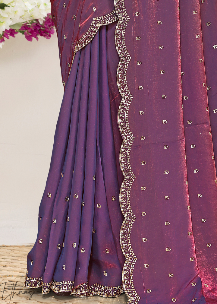 Thyme Mauve Scallop Stippled Satin Silk Saree