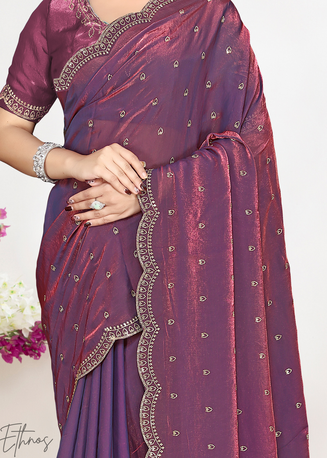 Thyme Mauve Scallop Stippled Satin Silk Saree