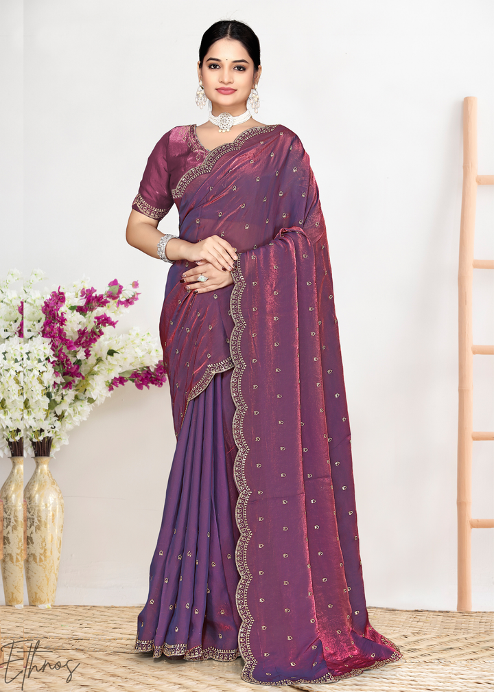 Thyme Mauve Scallop Stippled Satin Silk Saree