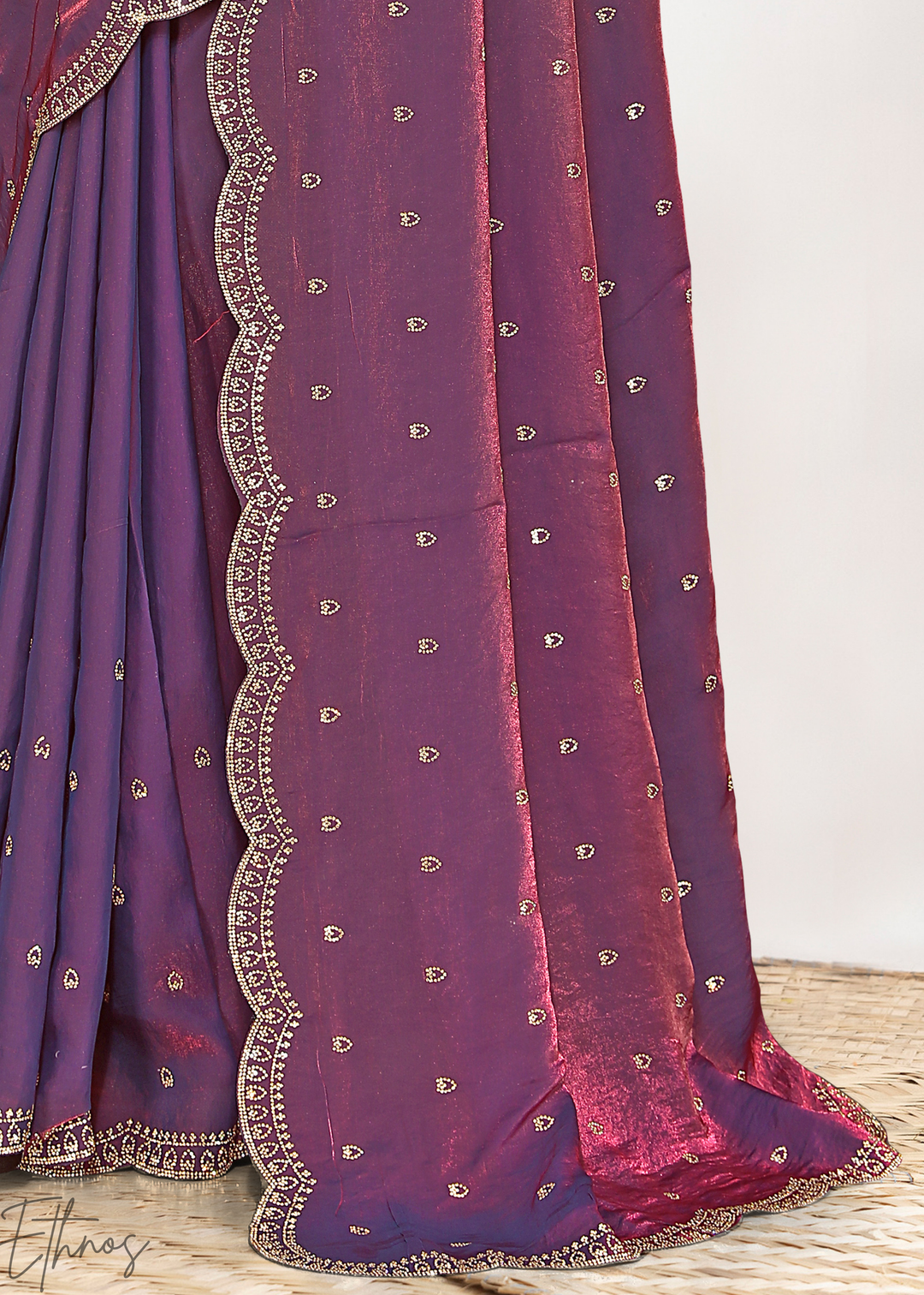 Thyme Mauve Scallop Stippled Satin Silk Saree