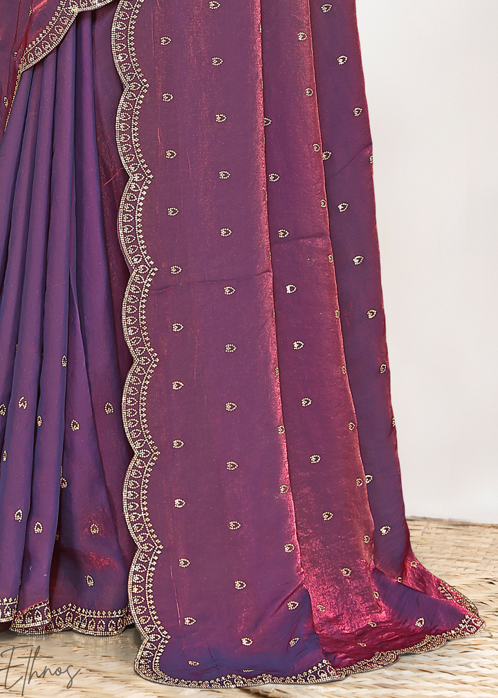 Thyme Mauve Scallop Stippled Satin Silk Saree