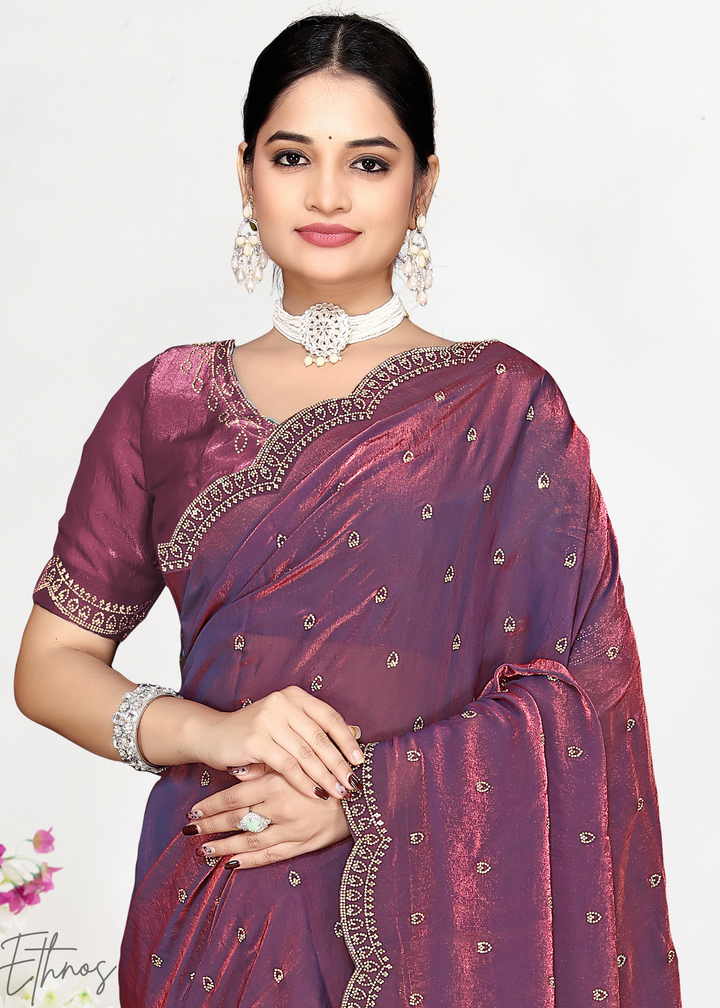 Thyme Mauve Scallop Stippled Satin Silk Saree