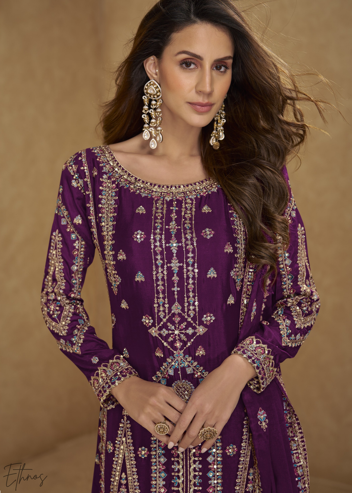 Imperial Wine Zari-Encrusted Chinon Palazzo Suit