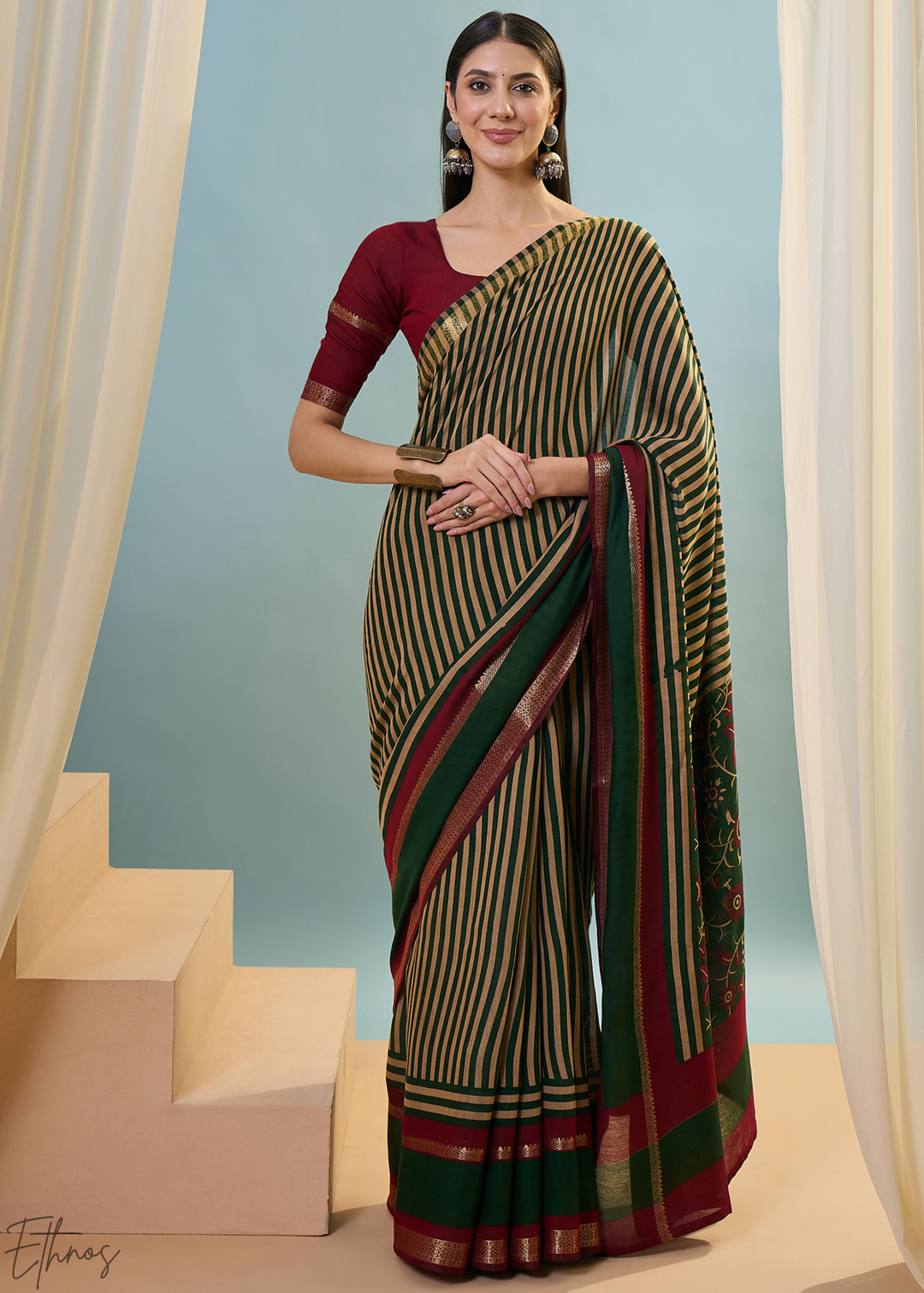 Tourmaline Striped Ajrakh PV Cotton Saree