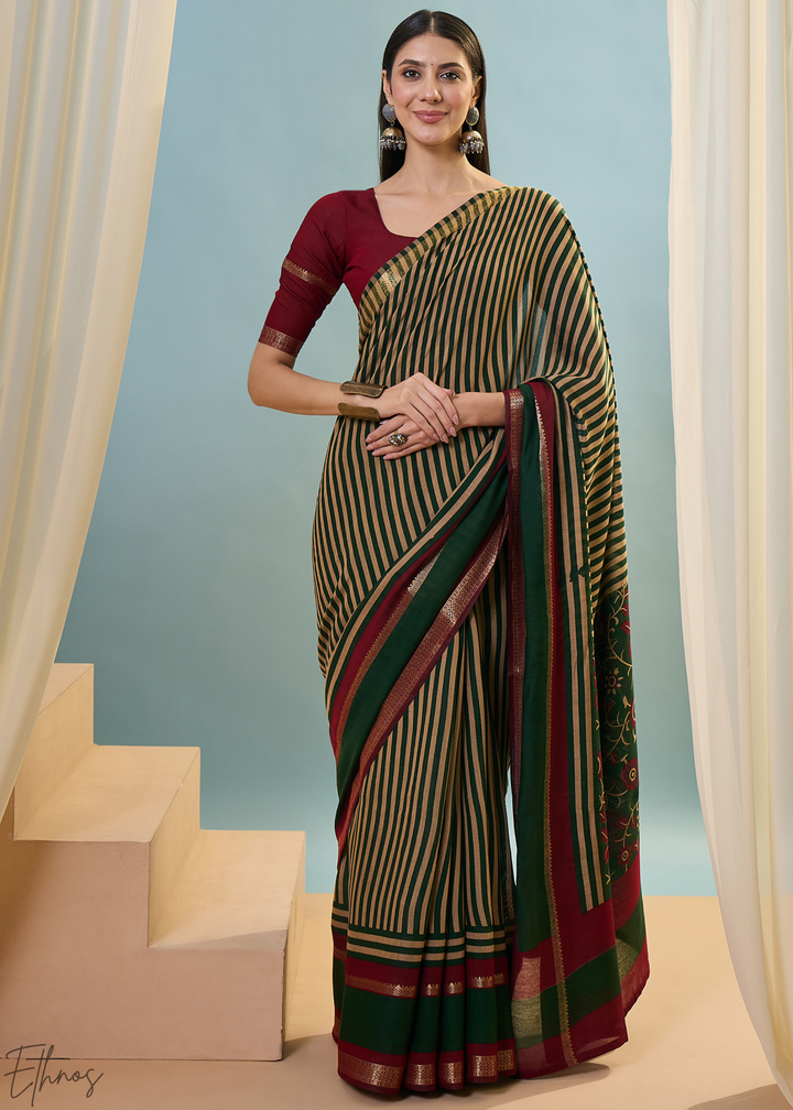Tourmaline Striped Ajrakh PV Cotton Saree