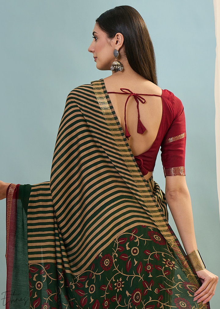 Tourmaline Striped Ajrakh PV Cotton Saree