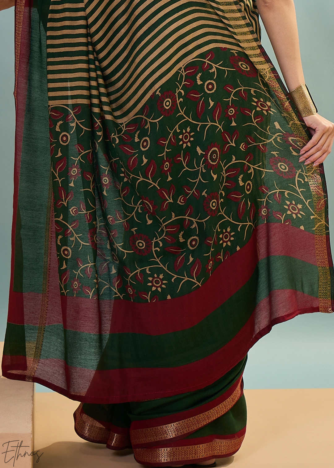 Tourmaline Striped Ajrakh PV Cotton Saree