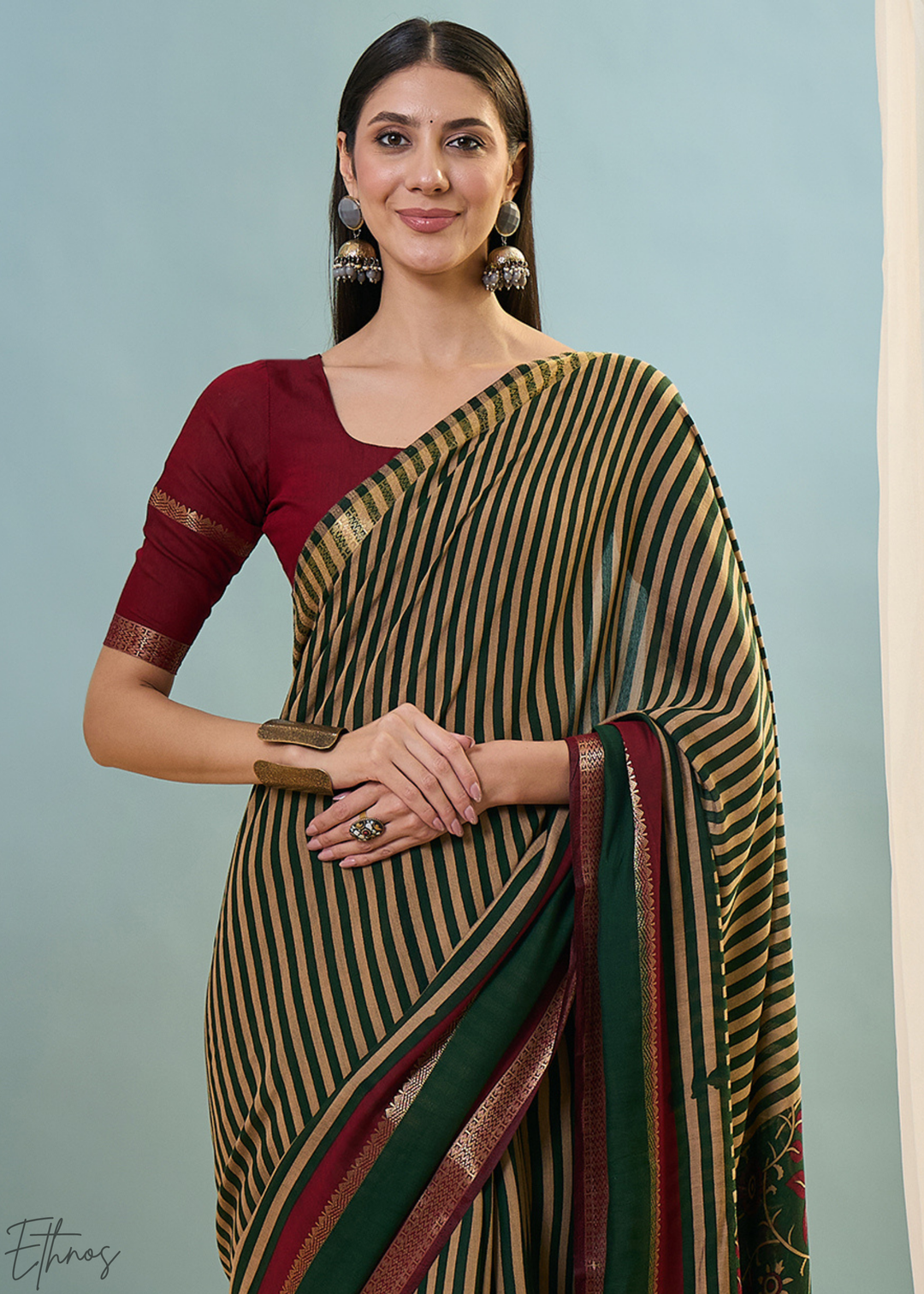 Tourmaline Striped Ajrakh PV Cotton Saree