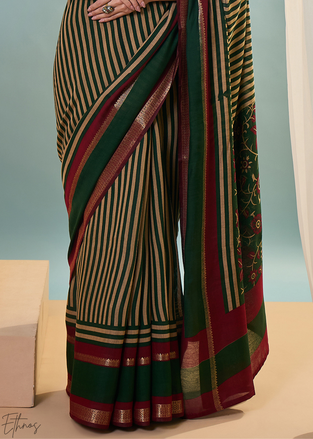 Tourmaline Striped Ajrakh PV Cotton Saree