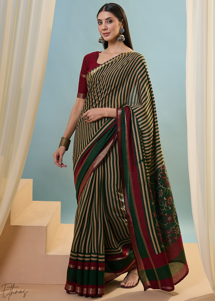 Tourmaline Striped Ajrakh PV Cotton Saree