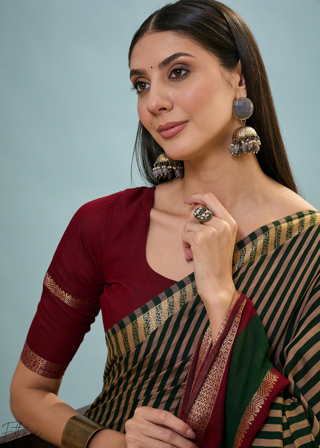 Tourmaline Striped Ajrakh PV Cotton Saree