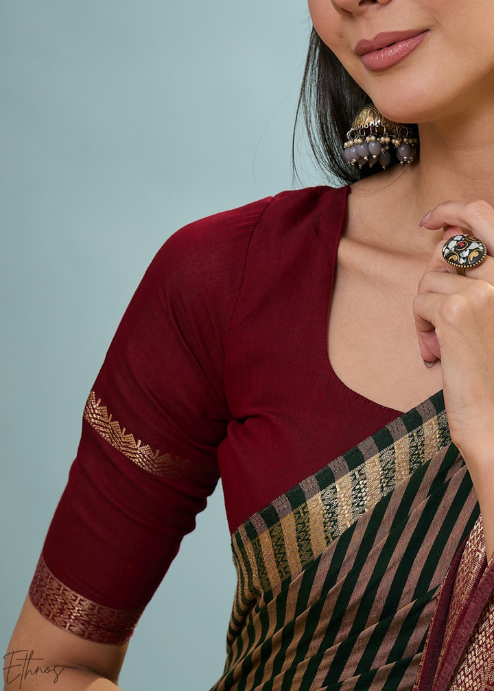Tourmaline Striped Ajrakh PV Cotton Saree