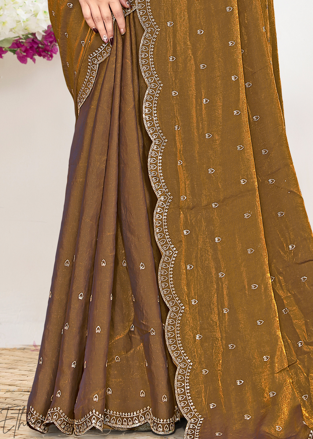Turmeric Gold Scallop Stippled Satin Silk Saree