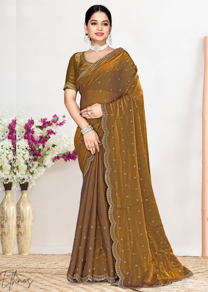 Turmeric Gold Scallop Stippled Satin Silk Saree