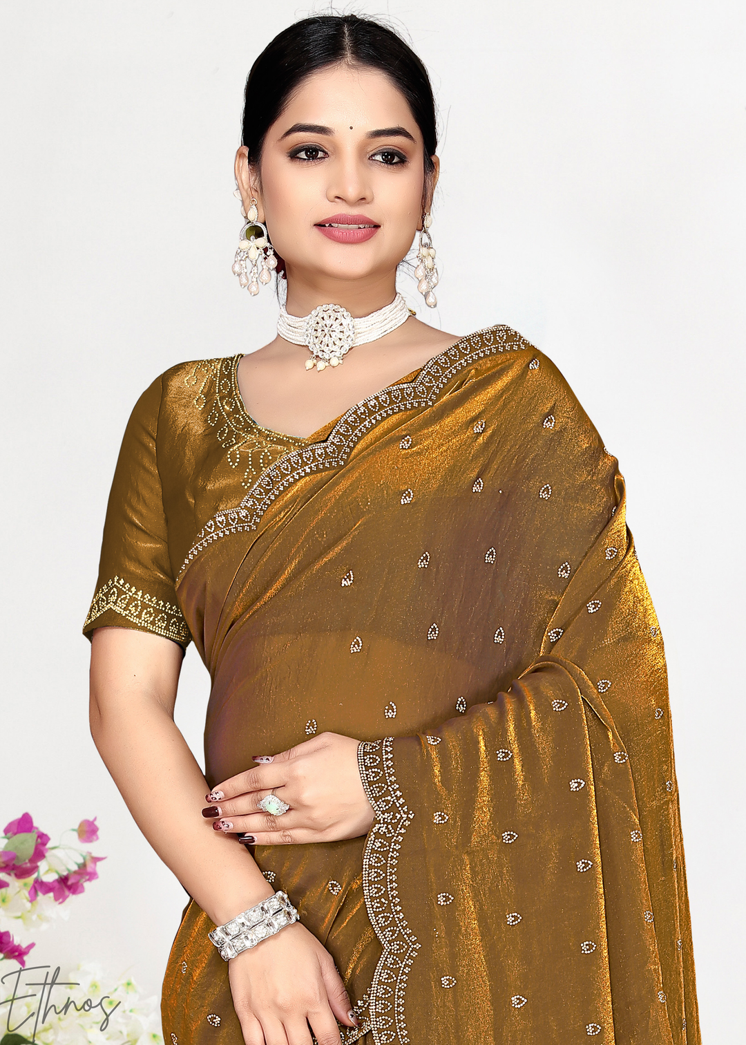 Turmeric Gold Scallop Stippled Satin Silk Saree