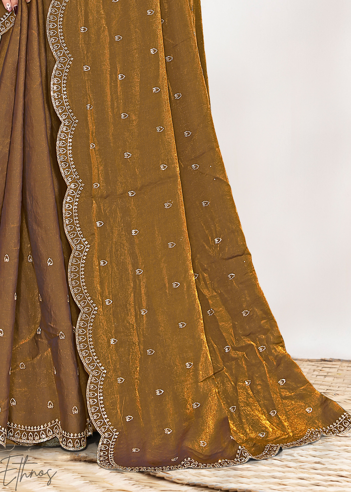 Turmeric Gold Scallop Stippled Satin Silk Saree