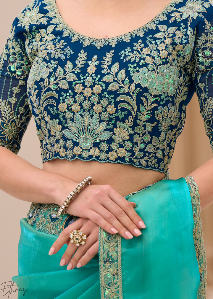 Turquoise Aqua Luminous Tissue Georgette Saree