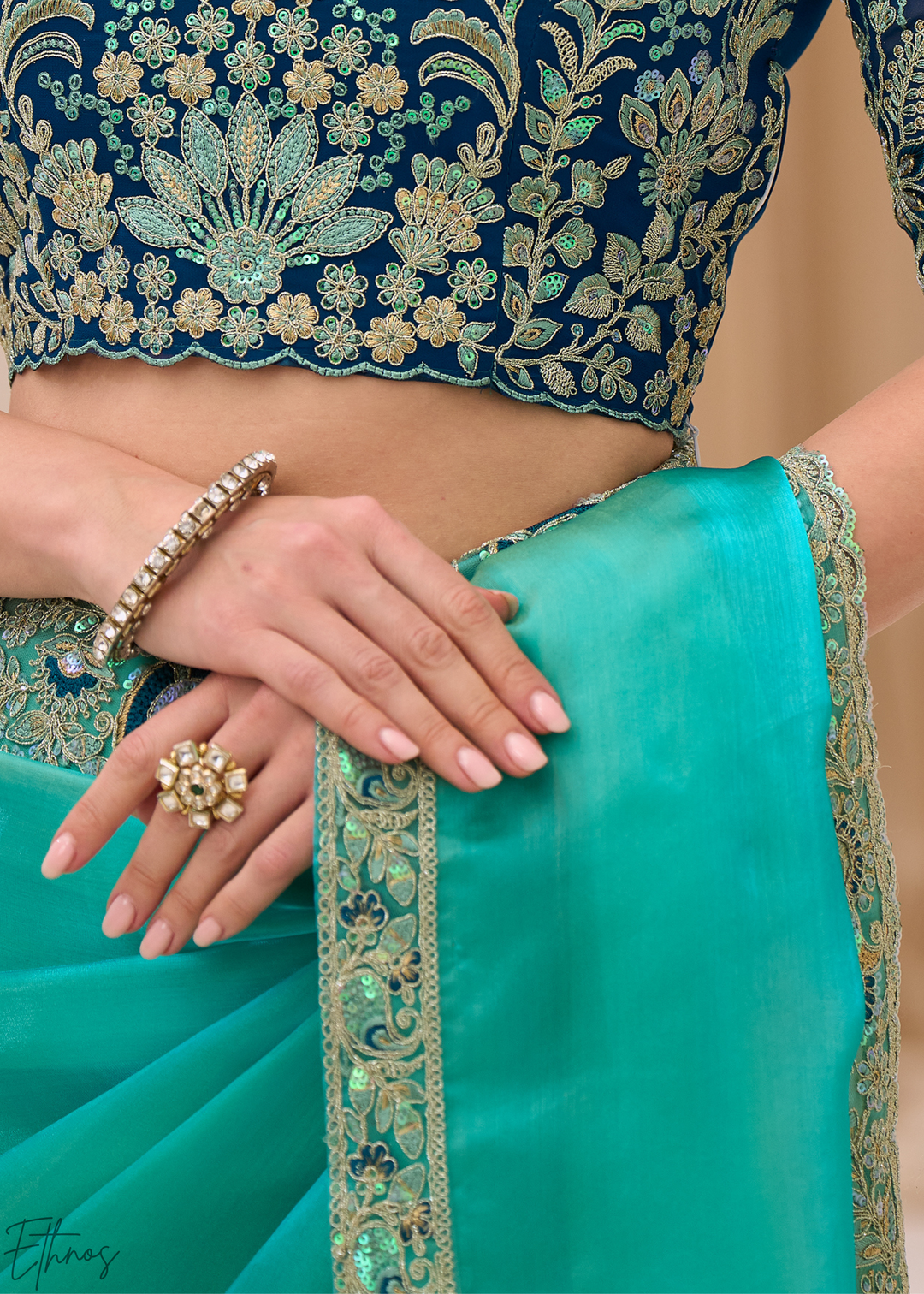 Turquoise Aqua Luminous Tissue Georgette Saree