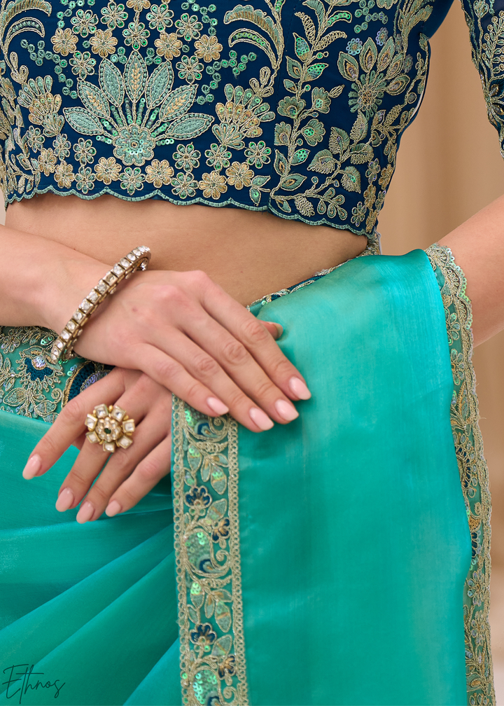 Turquoise Aqua Luminous Tissue Georgette Saree
