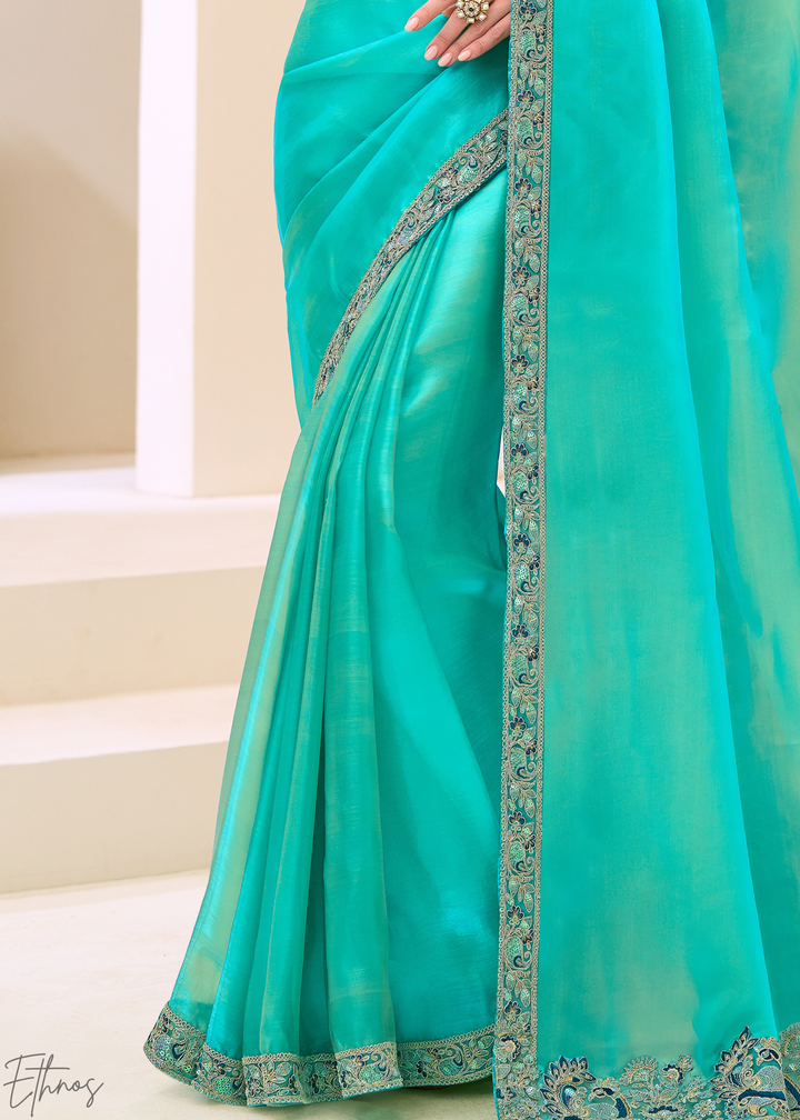 Turquoise Aqua Luminous Tissue Georgette Saree