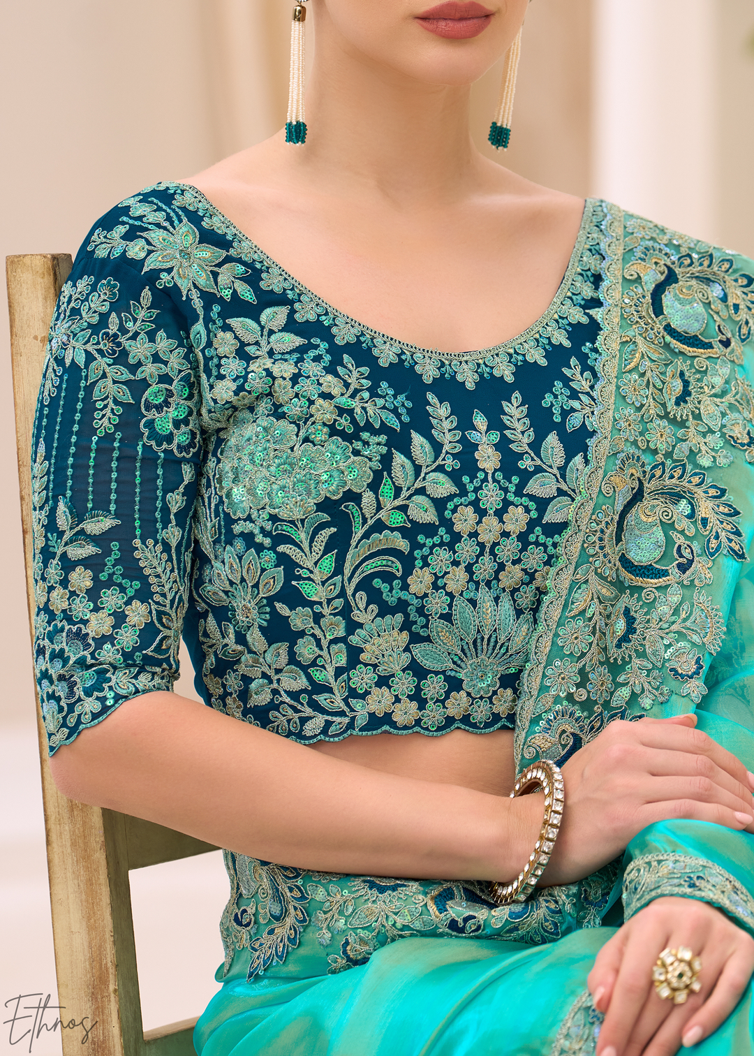 Turquoise Aqua Luminous Tissue Georgette Saree