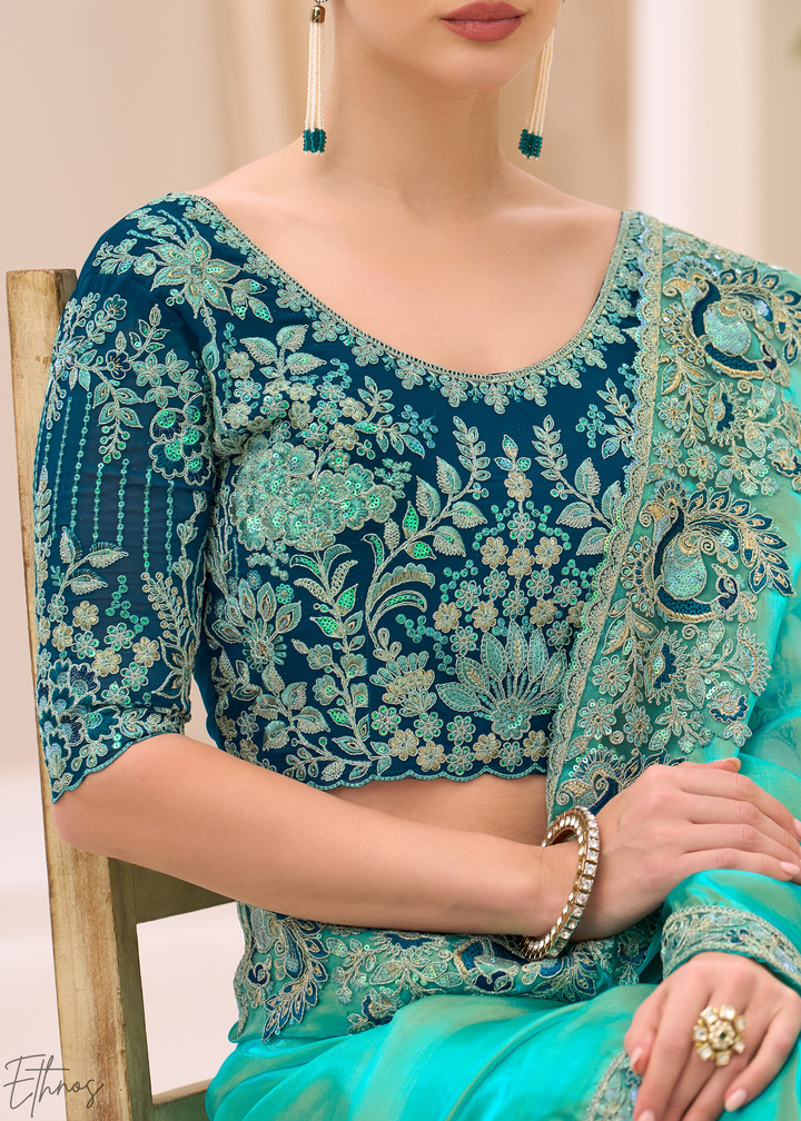 Turquoise Aqua Luminous Tissue Georgette Saree