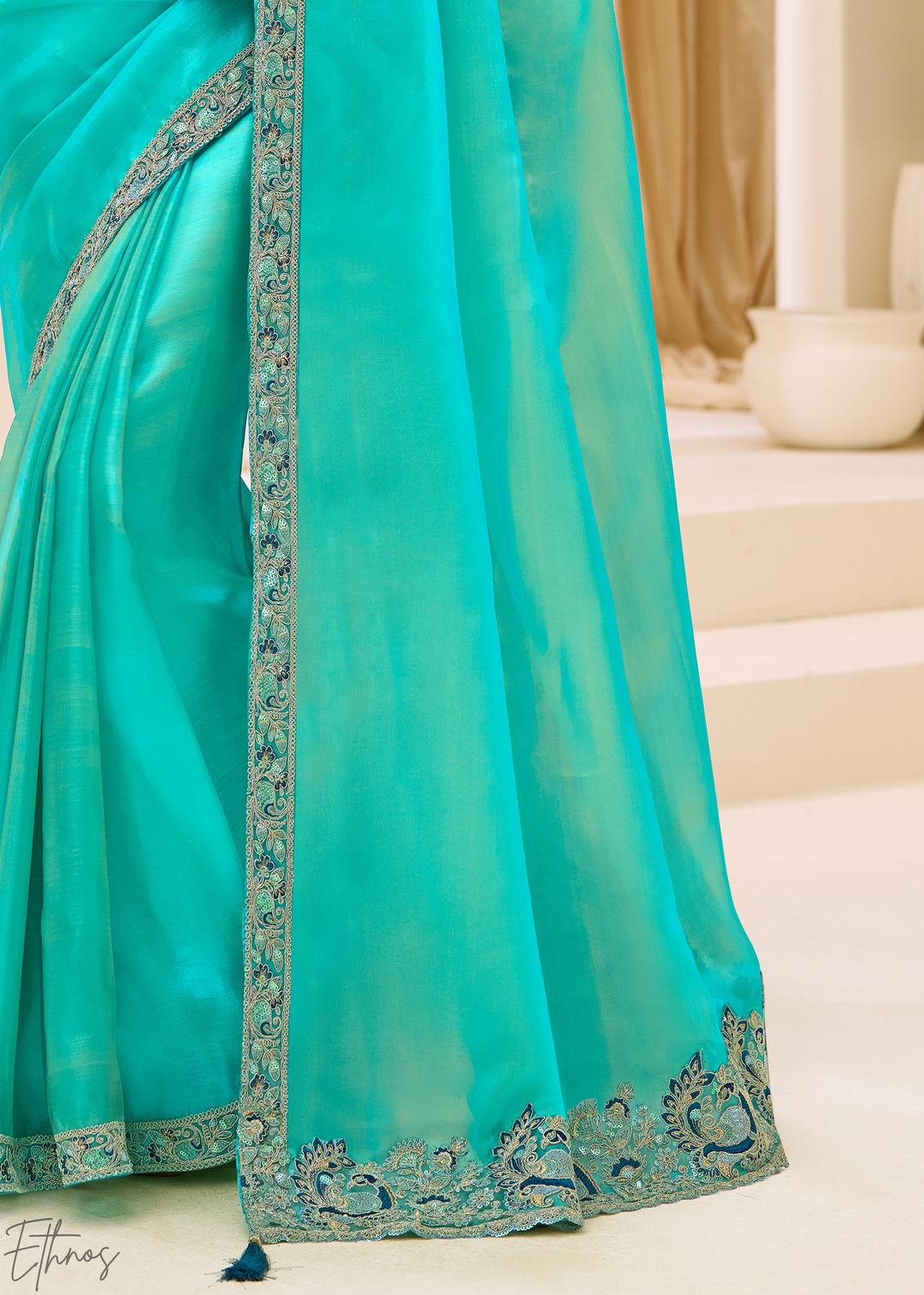 Turquoise Aqua Luminous Tissue Georgette Saree