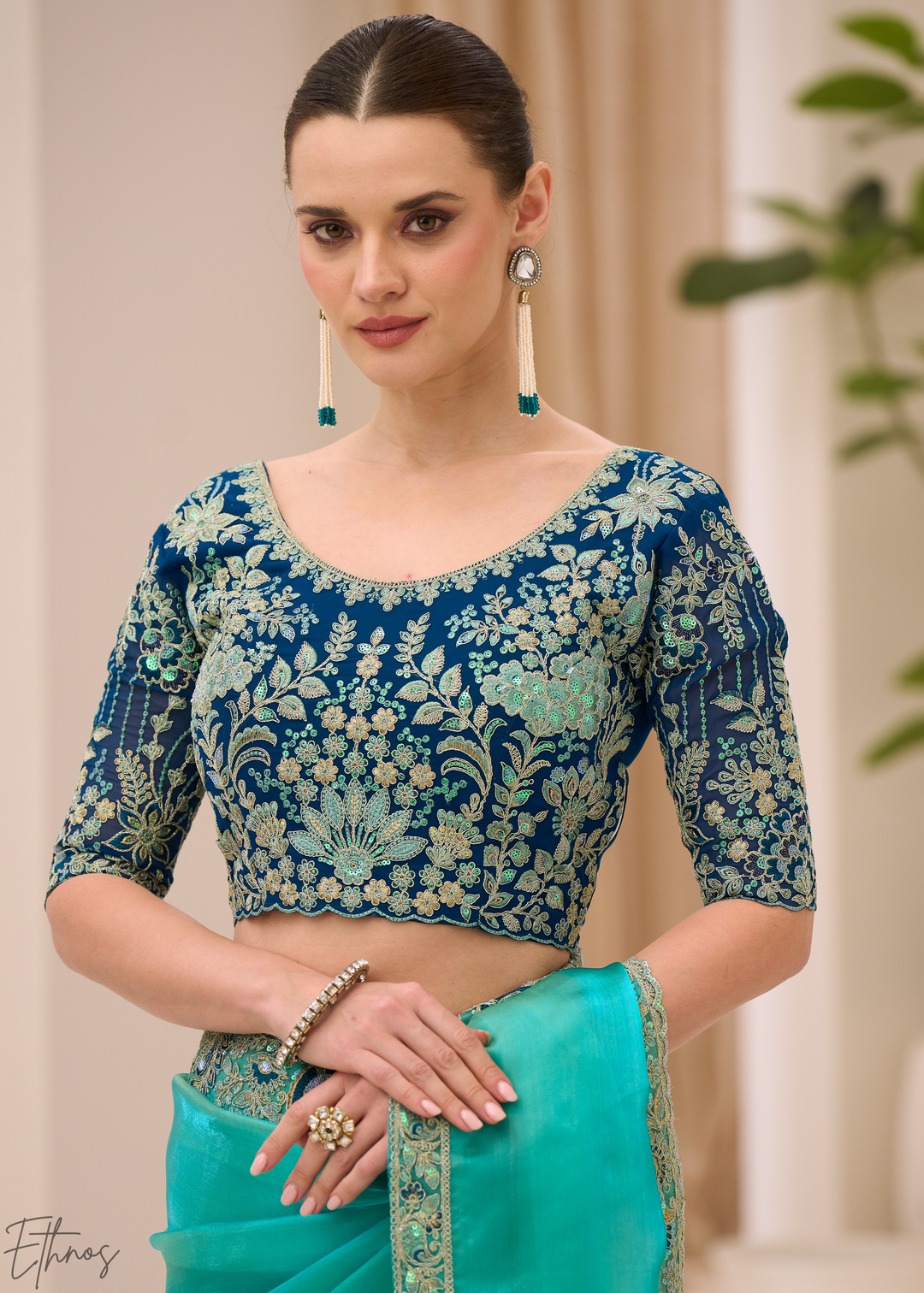 Turquoise Aqua Luminous Tissue Georgette Saree