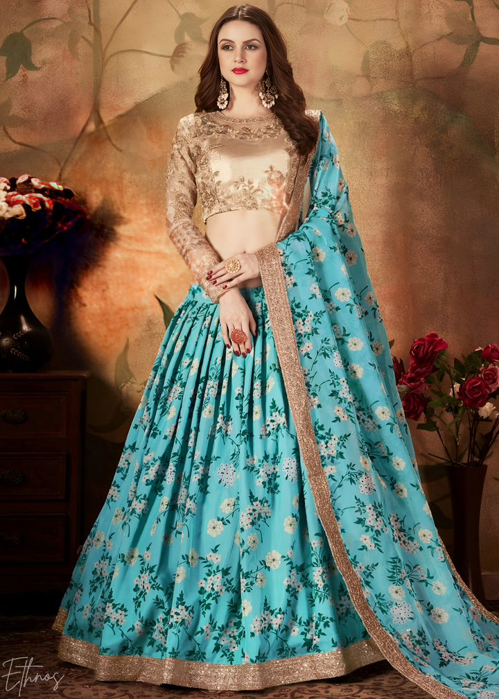 Turquoise Blue Garden Floral Printed Organza Lehenga