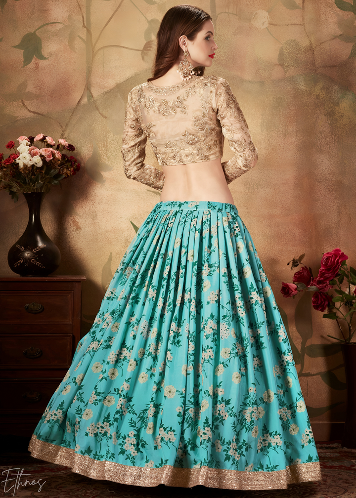 Turquoise Blue Garden Floral Printed Organza Lehenga