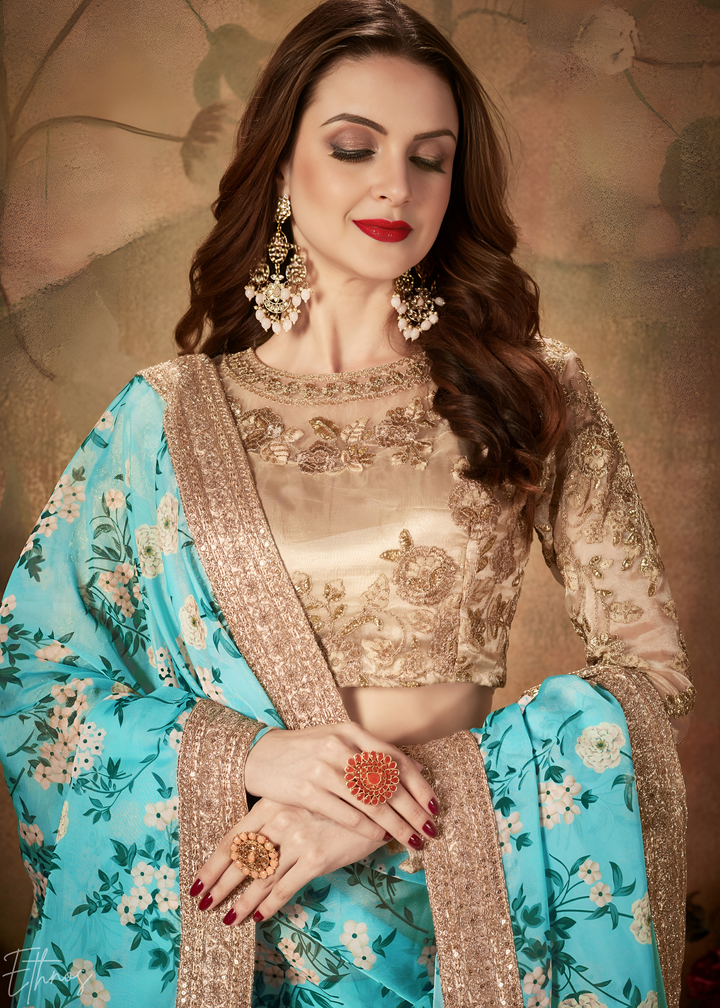 Turquoise Blue Garden Floral Printed Organza Lehenga