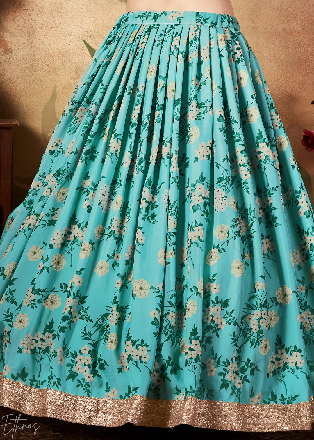 Turquoise Blue Garden Floral Printed Organza Lehenga