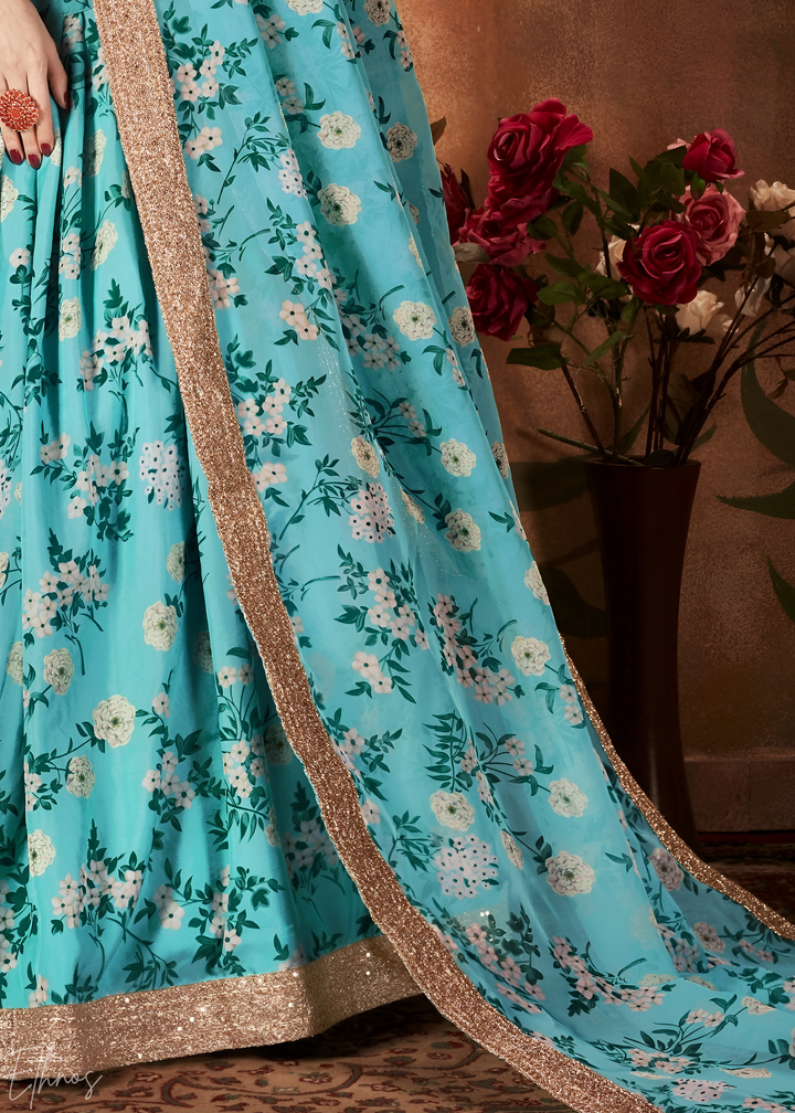 Turquoise Blue Garden Floral Printed Organza Lehenga