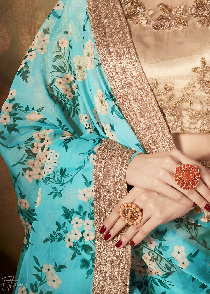 Turquoise Blue Garden Floral Printed Organza Lehenga