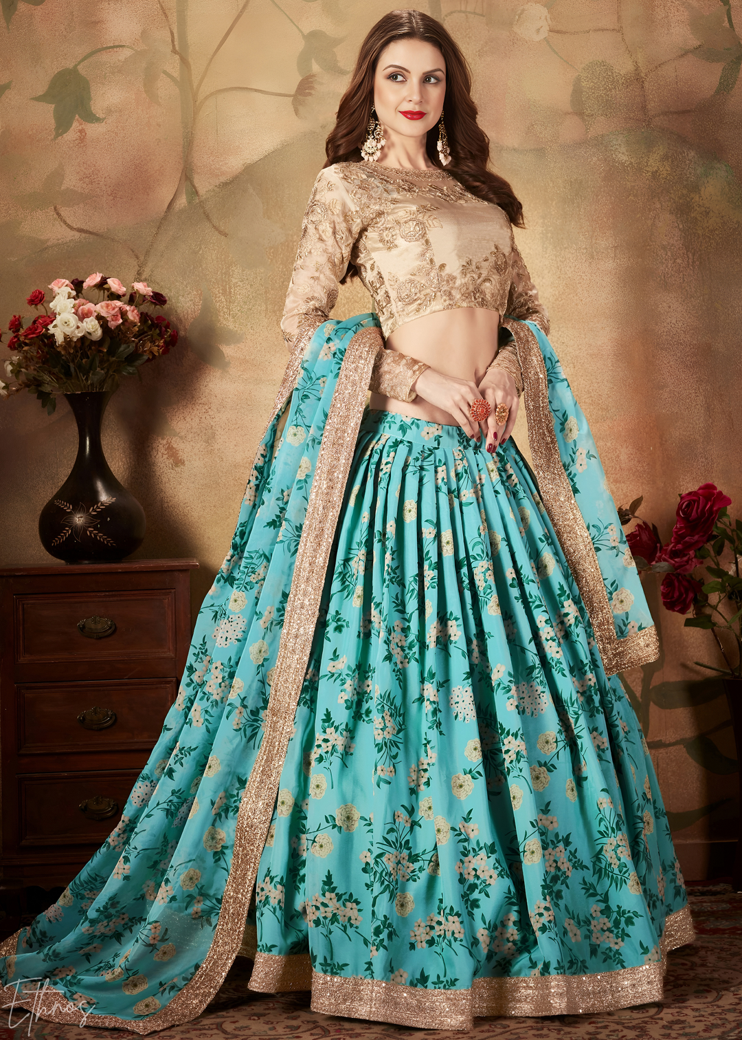 Turquoise Blue Garden Floral Printed Organza Lehenga