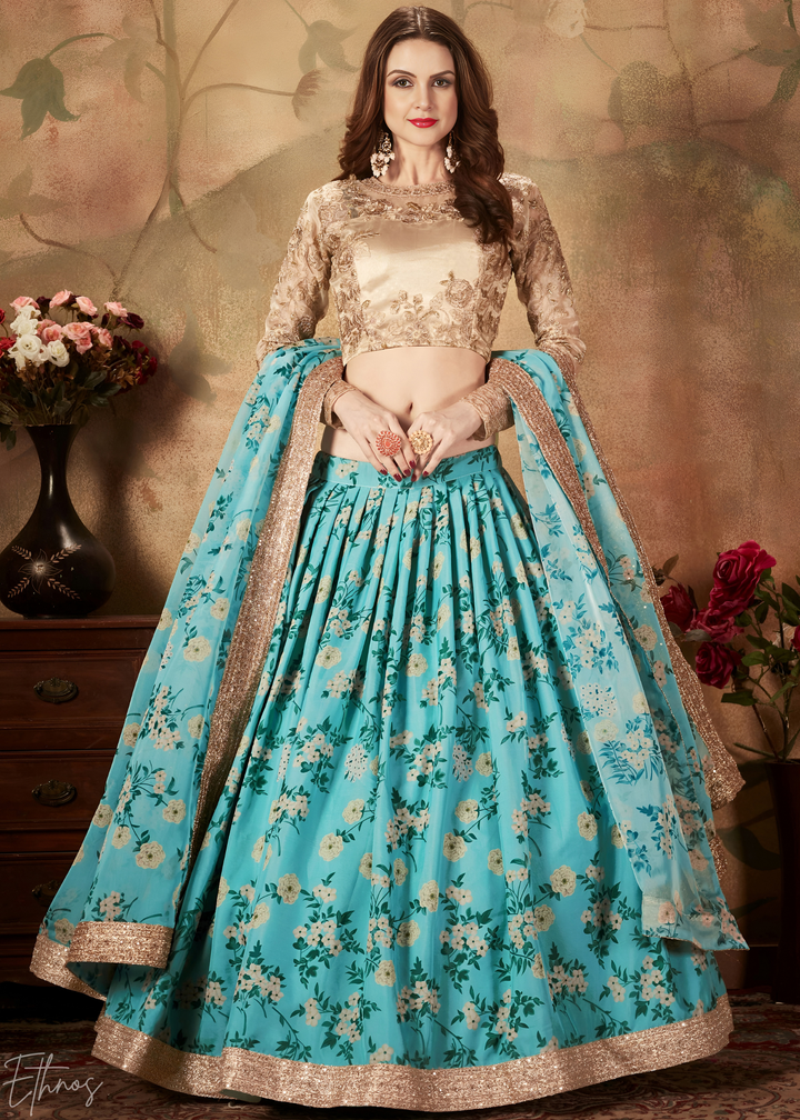 Turquoise Blue Garden Floral Printed Organza Lehenga